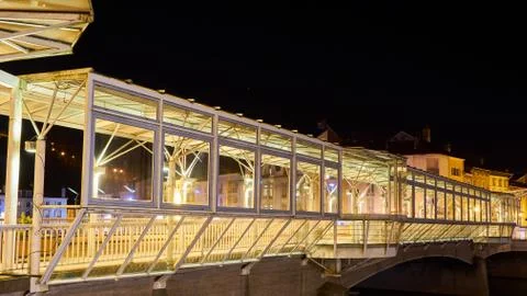 Architectural Canopy On River Bridge At Night Stock Photos