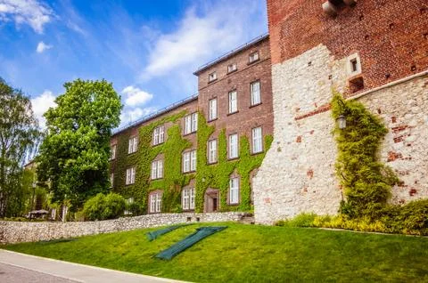 Architectural complex of an ancient, medieval castle on sunny weather Stock Photos