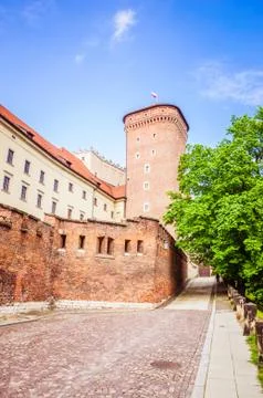 Architectural complex of an ancient, medieval castle on sunny weather Stock Photos