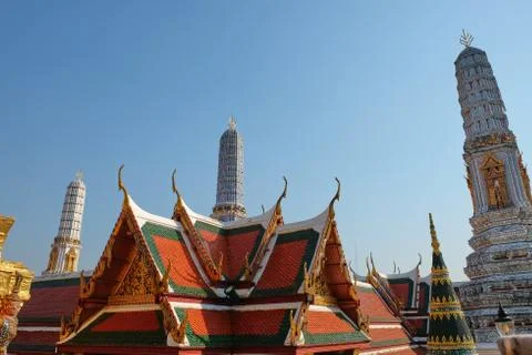 An architectural composition consisting of many Buddhist temples in Bangkok. Stock Photos