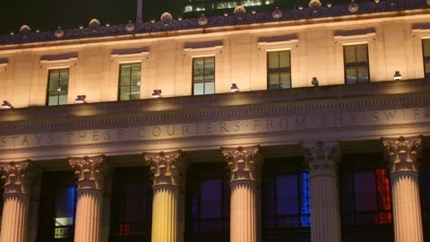 Architectural Contrast: Moynihan Train Hall Columns vs. Modern NYC Skyscrapers Stock Footage 322184366