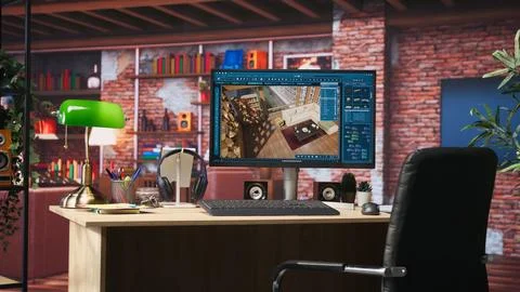 Architectural design 3D modeling program on PC screen Stock Photos