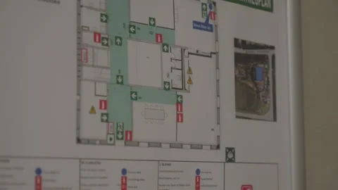 Architectural design emergency evacuation floor plan building layout Stock Footage 331617153