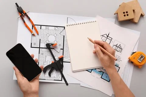 Architectural design process with blueprints, smartphone, and construction to Stock Photos