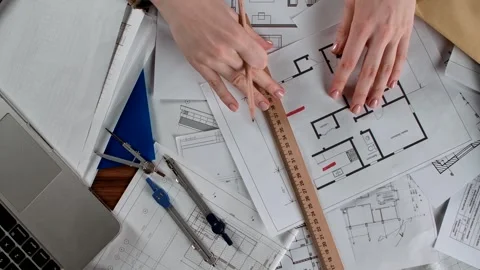 Architectural Design Process Illustrated with Drafting Tools and Blueprints Stock Footage 316752260