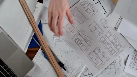 Architectural Design Process Illustrated with Drafting Tools and Blueprints Stock Footage 316752709