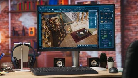 Architectural design software on computer in home office, close up 스톡 사진