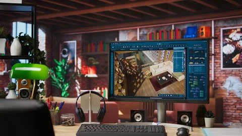 Architectural design software on computer in home office Stock Photos