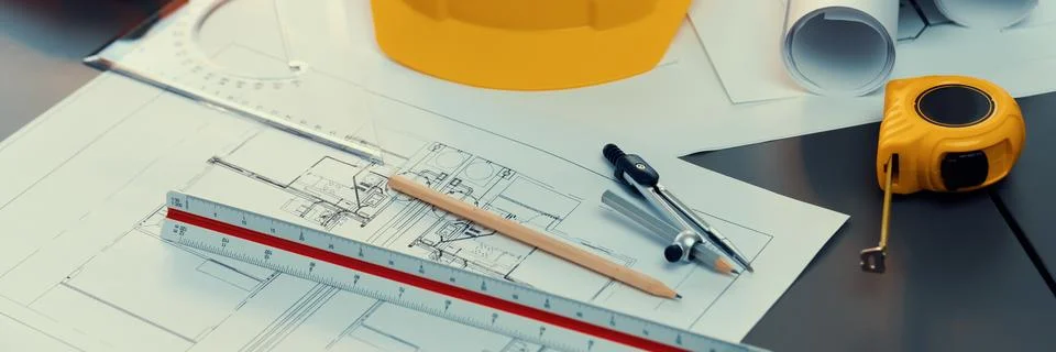 Architectural designed blueprint layout and engineer tools on table. Insight Stock Photos