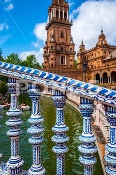 Architectural detail on a bridge at the Plaza de Espana in the city of Seville Stock Photos
