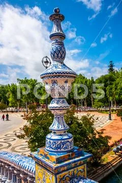 Architectural detail on a bridge at the Plaza de Espana in the city of Sevill Stock Photos