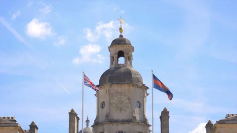 Architectural details and flags above the Horse Guards building in Whitehall Stock Footage 320334124