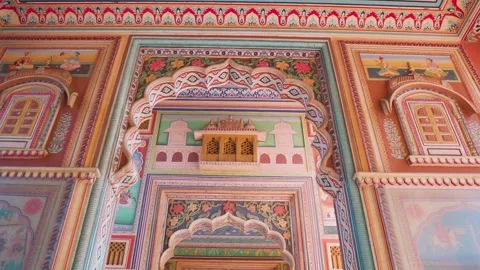 Architectural details on wall of Patrika gate in Jaipur, Rajasthan, India. Many  Stock Footage 294341007
