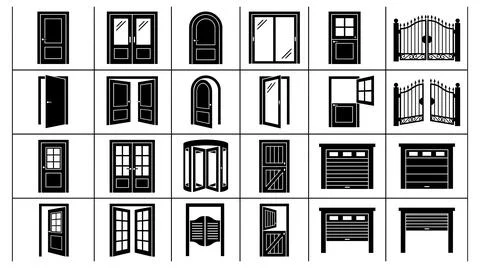 Architectural door icon set collection representing diverse entryway styles Stock Illustration