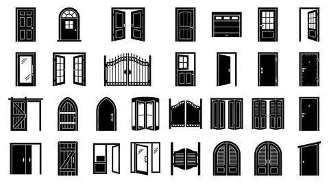 Architectural door icons collection vector silhouette set with wooden textures Stock Illustration