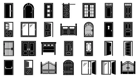Architectural door styles collection solid black vector icon set Stock Illustration