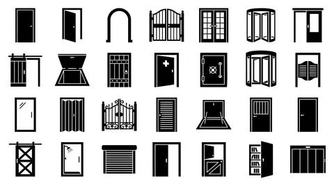 Architectural door types collection vector graphic icon set design elements Stock Illustration