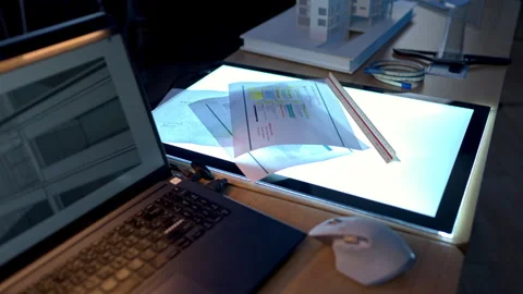 Architectural drafting workspace with illuminated light table, Stock-Footage 340454511