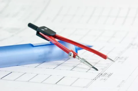 Architectural drawing  and compass Stock Photos