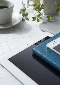 Architectural drawing and a tablet PC Stock Photos