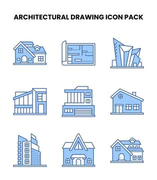 Architectural Drawing Blue Bundle Icons Pack Stock Illustration