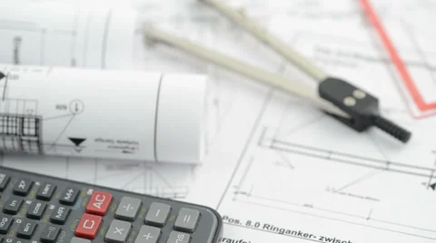 Architectural drawing blueprint with regular compass and calculator 스톡 동영상 33988306