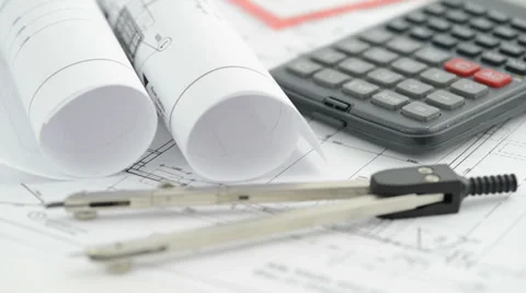 Architectural drawing blueprint with regular compass and calculator 스톡 동영상 33991086