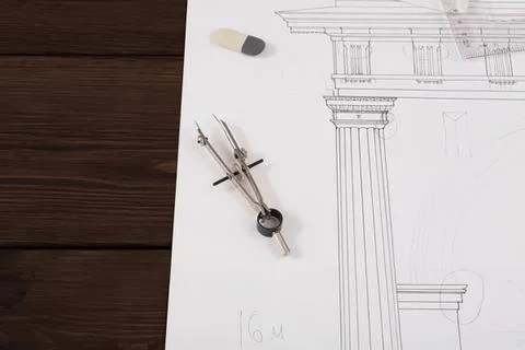 Architectural drawing with compass and pencil on paper Stock Photos