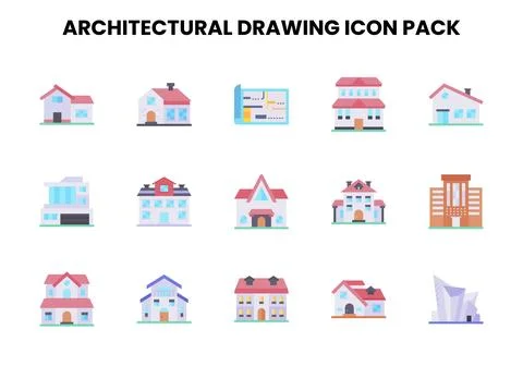 Architectural Drawing Flat Scalable Icons Pack Stock Illustration