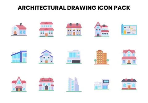 Architectural Drawing Flat Set Icons Pack Illustrazione stock