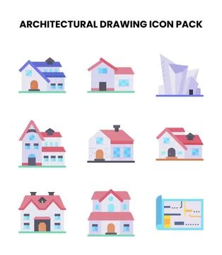 Architectural Drawing Flat Vector Icons Pack Stock Illustration
