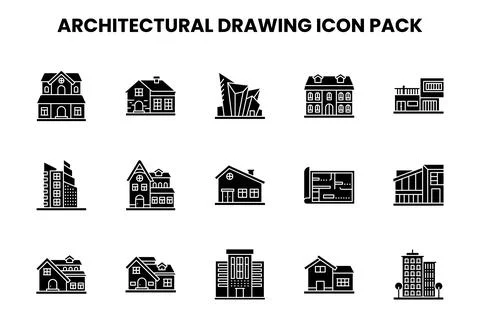 Architectural Drawing Glyph Bundle Icons Pack Stock Illustration