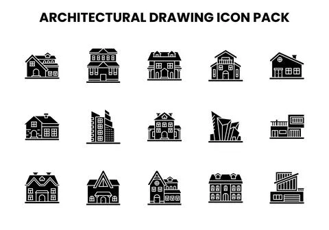 Architectural Drawing Glyph Set Icons Pack Stock Illustration