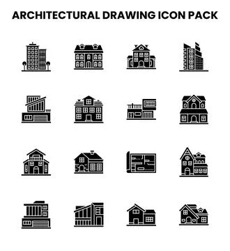 Architectural Drawing Glyph Vector Icons Pack Stock Illustration