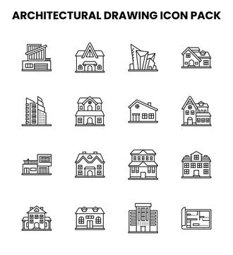 Architectural Drawing Line Design Icons Pack 스톡 일러스트