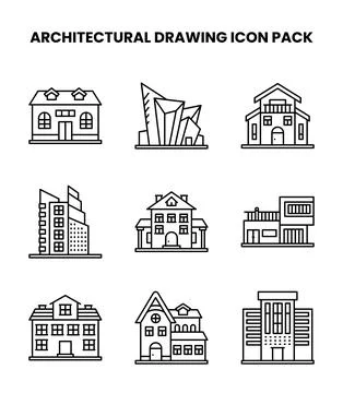 Architectural Drawing Line Vector Icons Pack Stock Illustration
