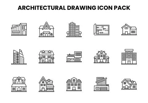 Architectural Drawing Line Vector Icons Pack Stock Illustration