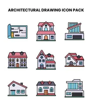 Architectural Drawing Lineal Color Vector Icons Pack Stock Illustration