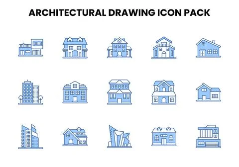 Architectural Drawing Two Colour Collection Icons Pack Stock-Illustration