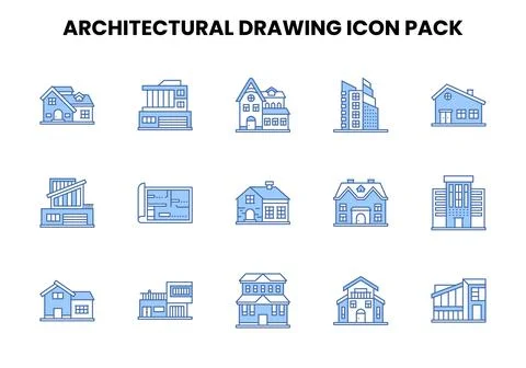 Architectural Drawing Two Colour Collection Icons Pack Stock Illustration
