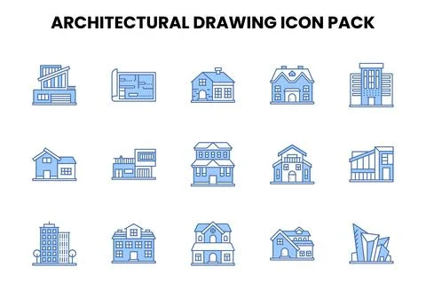 Architectural Drawing Two Colour Set Icons Pack Stock Illustration