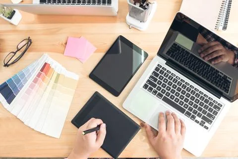 Architectural drawing with work tools, Graphic designer working with digita.. 库存照片