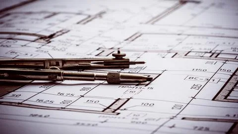 Architectural drawings and drafting kit 스톡 사진