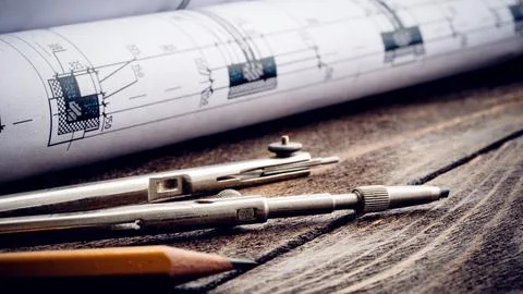 Architectural drawings and drafting kit Stock Photos