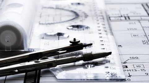 Architectural drawings and drafting kit Stock Photos