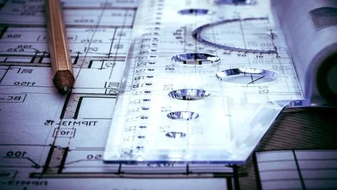 Architectural drawings and drafting kit 스톡 사진