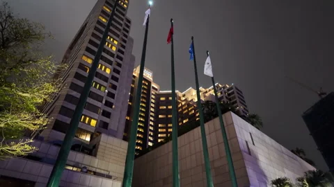 Architectural Elegance at Night: Flags, Facade, and Urban Motion Stock Footage 313107424
