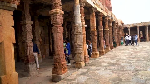 Architectural Elegance: Pillars of Qutub Minar Monument Stock Footage 317096008