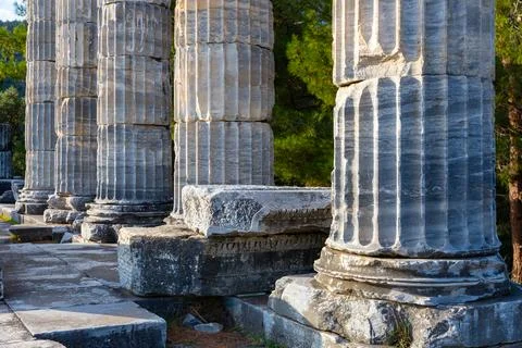 Architectural elements and parts of columns of Temple of Athena in Priene Stock Photos