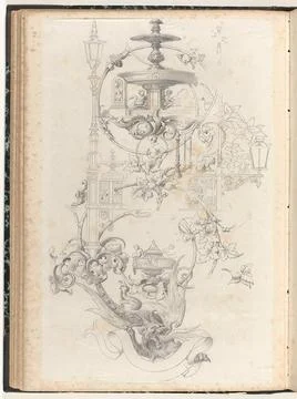 Architectural elements between leaf raft. Bottom flies a dragon with a ban... Foto stock